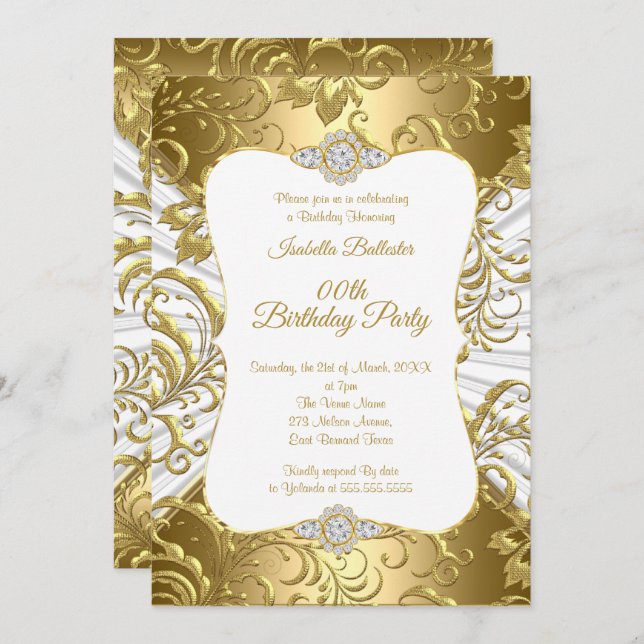 Elegant Gold White Damask floral Birthday Party Invitation (Front/Back)