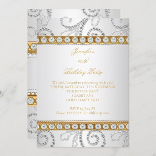 Elegant Gold White Diamond Pearl Birthday Party Invitation