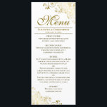 Elegant Gold & White Downloadable Wedding Menu<br><div class="desc">This beautiful menu features a beautiful design with gold text on a classic white background and golden faux foil curls and swirls in the corners. There is fancy script lettering for the title and space for the names of the couple and wedding date. Designed on Zazzle's standard greeting card product,...</div>