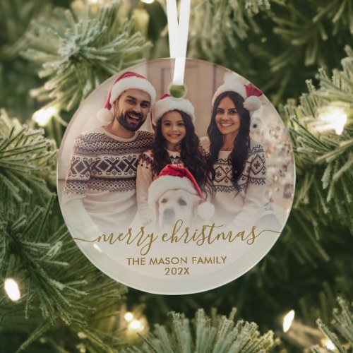 Elegant Gold White Family Photo Merry Christmas   Glass Ornament