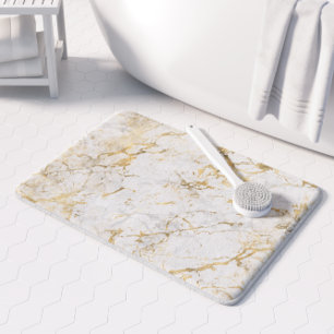 Elegant Gold White Faux Marble Pattern Bath Mat
