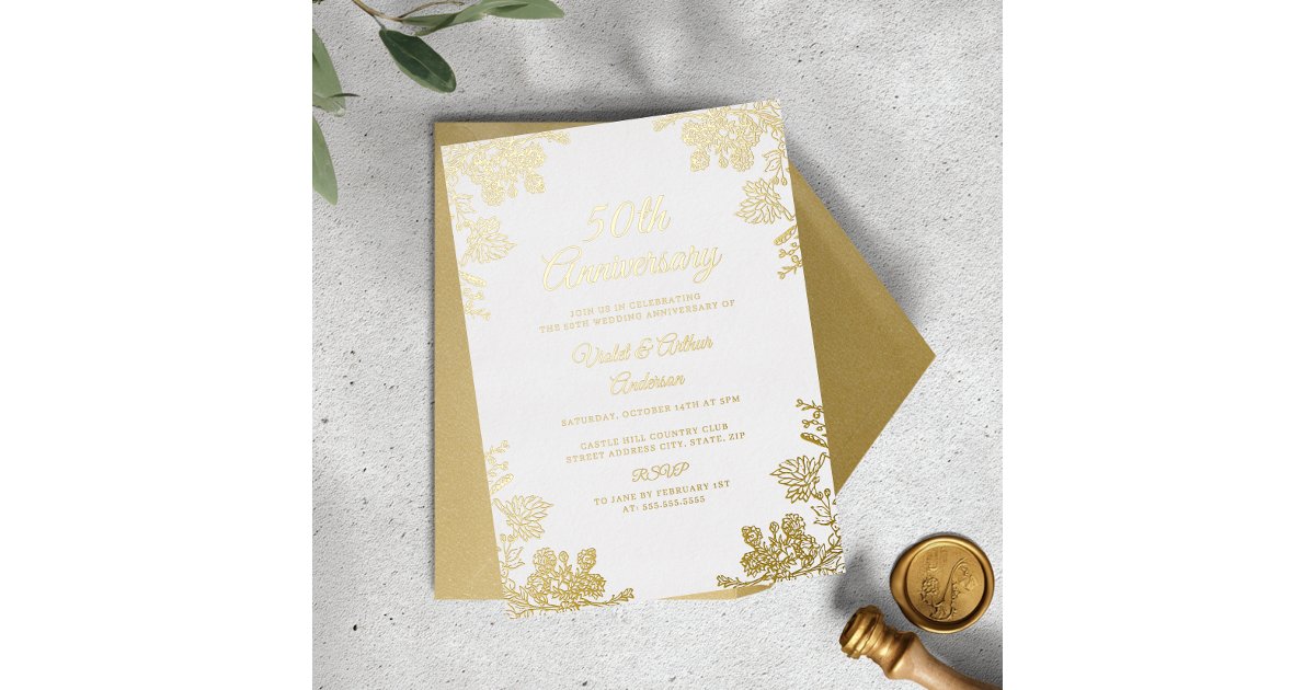 Elegant Gold White Floral 50th Wedding Anniversary Foil Invitation | Zazzle
