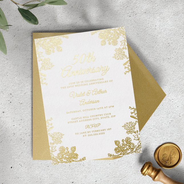 Elegant Gold White Floral 50th Wedding Anniversary Foil Invitation (Creator Uploaded)