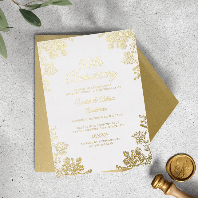 Elegant Gold White Floral 50th Wedding Anniversary Foil Invitation | Zazzle