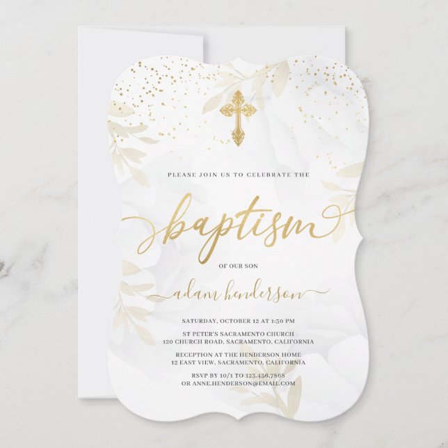 Elegant Gold & White Floral Baptism Invitation (Front)