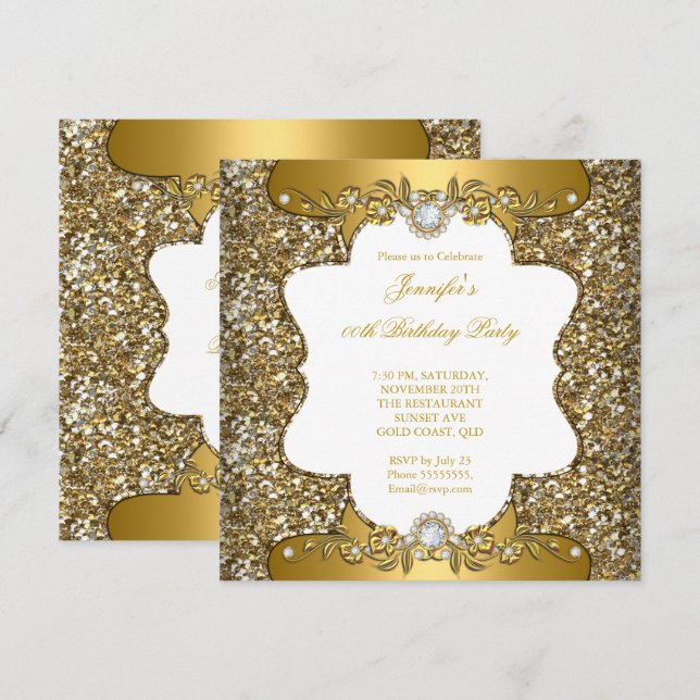 Elegant Gold White Floral Diamond Jewel Party SQ Invitation (Front/Back)