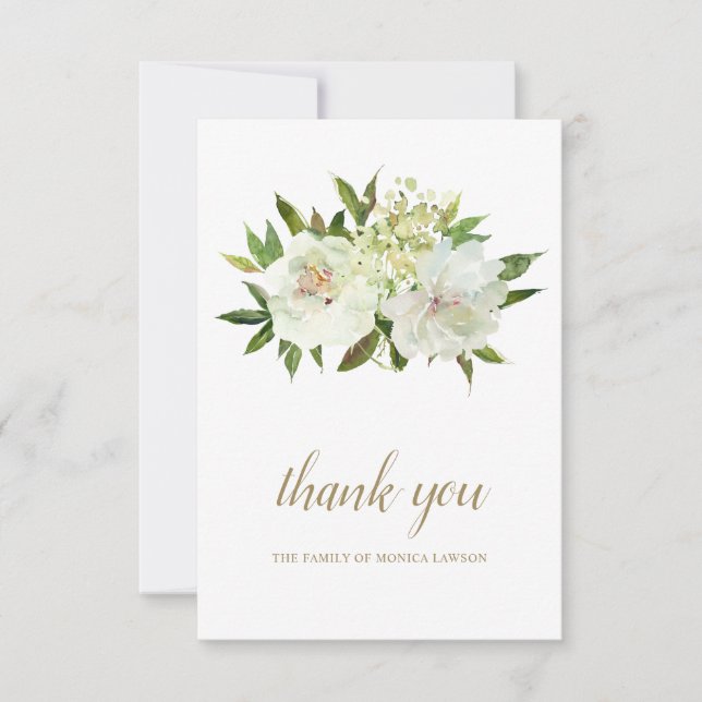 Elegant Gold White Floral Modern Funeral Thank You Card (Front)