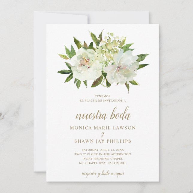Elegant Gold White Floral Modern Spanish Wedding Invitation (Front)