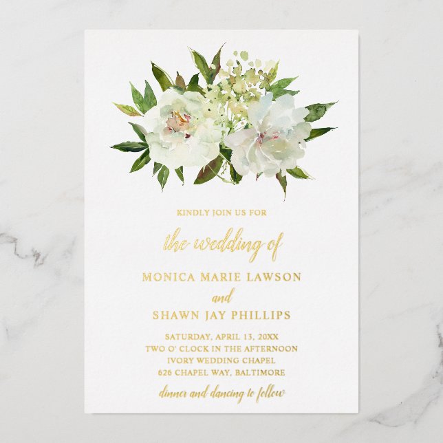 Elegant Gold White Floral Modern Wedding Foil Invitation (Front)
