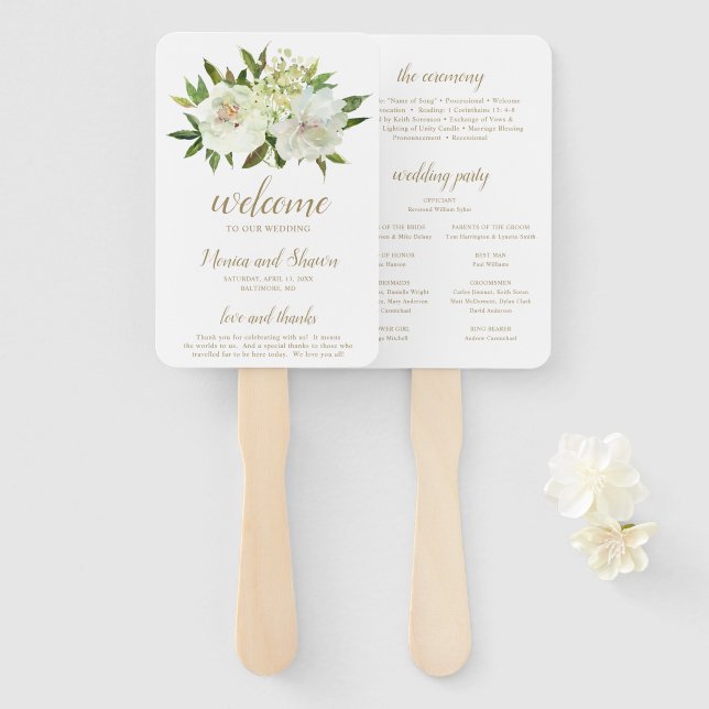 Elegant Gold White Floral Modern Wedding Program Hand Fan (Front and Back)