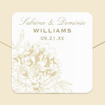 Elegant Gold White Floral Peony Wedding Monogram Square Sticker<br><div class="desc">Elegant peony wedding favor sticker design features a monogram of the bride and groom's names and wedding date along with a hand-drawn / sketched peony. Colors include latte / champagne peony, white background, and antique gold text. Use the "customize it" feature to edit the text (position, size, font and color)...</div>