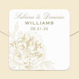 Elegant Gold White Floral Peony Wedding Monogram Square Sticker