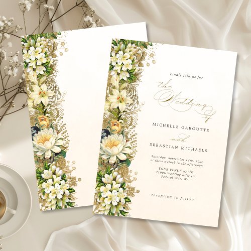Elegant Gold White Floral Wedding Invitation