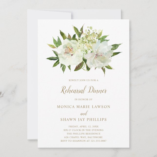 Elegant Gold White Floral Wedding Rehearsal Dinner Invitation (Front)