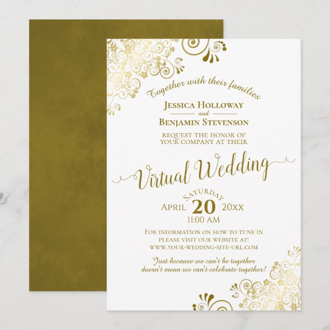 Elegant Gold & White Frilly Virtual Wedding Invitation (Front/Back)