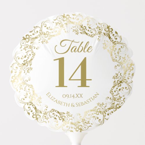 Elegant Gold  White Frilly Wedding Table Number Balloon