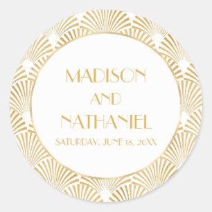 Elegant Gold White Geometric Art Deco Wedding Classic Round Sticker