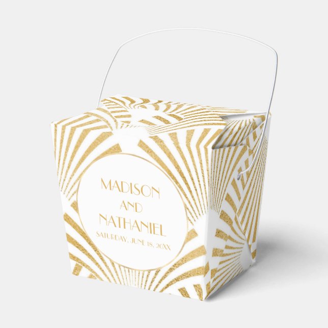 Elegant Gold White Geometric Art Deco Wedding Favor Boxes (Front Side)