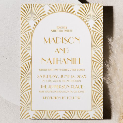Elegant Gold White Geometric Art Deco Wedding Invitation