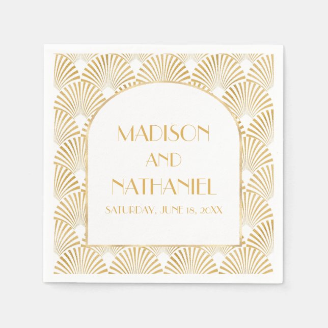 Elegant Gold White Geometric Art Deco Wedding Napkins (Front)
