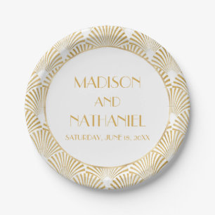 Elegant Gold White Geometric Art Deco Wedding Paper Plates