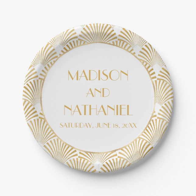 Elegant Gold White Geometric Art Deco Wedding Paper Plates (Front)