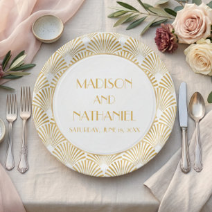Elegant Gold White Geometric Art Deco Wedding Paper Plates