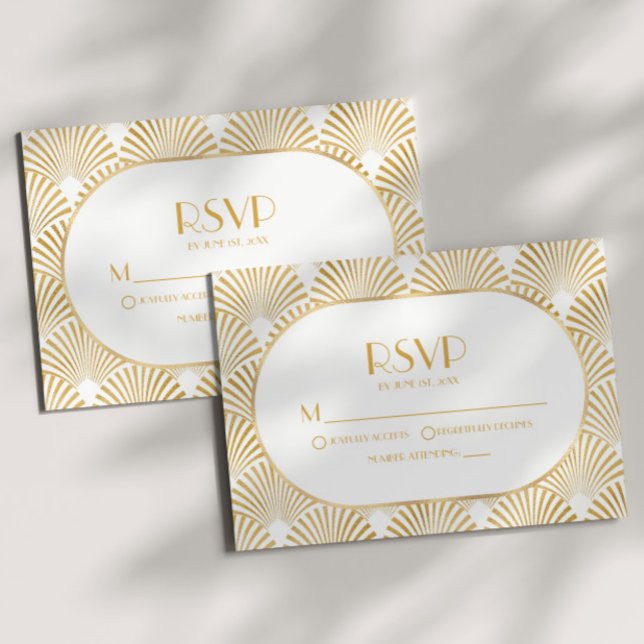 Elegant Gold White Geometric Art Deco Wedding RSVP Card (Creator Uploaded)