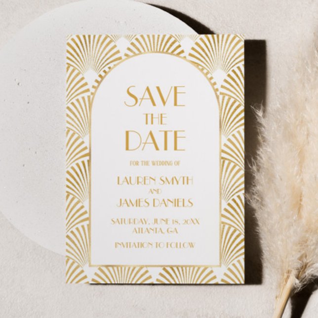 Elegant Gold White Geometric Art Deco Wedding Save The Date (Creator Uploaded)