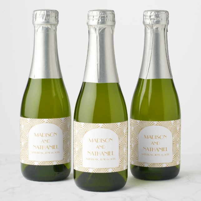 Elegant Gold White Geometric Art Deco Wedding Sparkling Wine Label (Bottles)