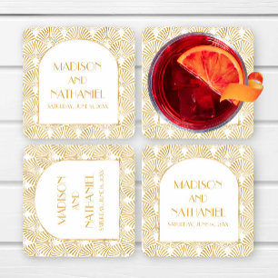 Elegant Gold White Geometric Art Deco Wedding Square Paper Coaster