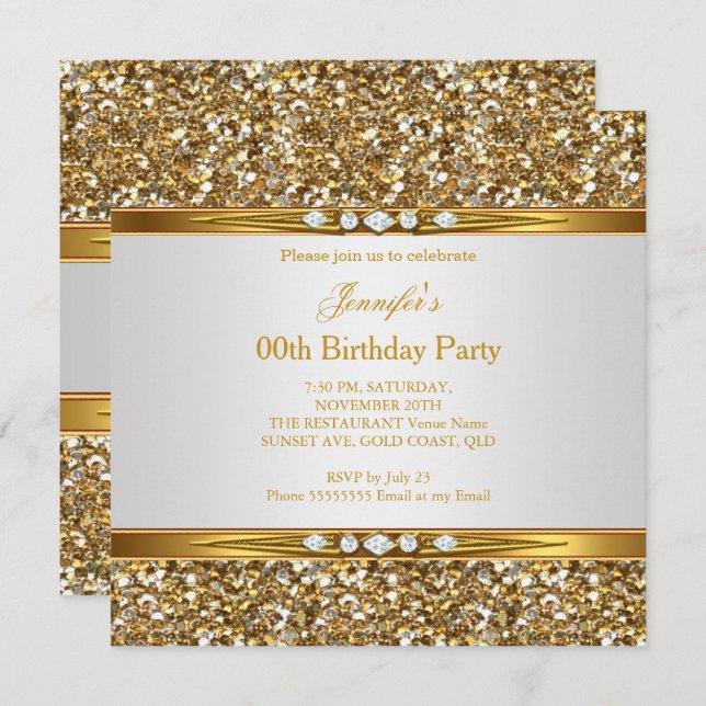 Elegant Gold White Glitter Diamond Birthday Party Invitation (Front/Back)