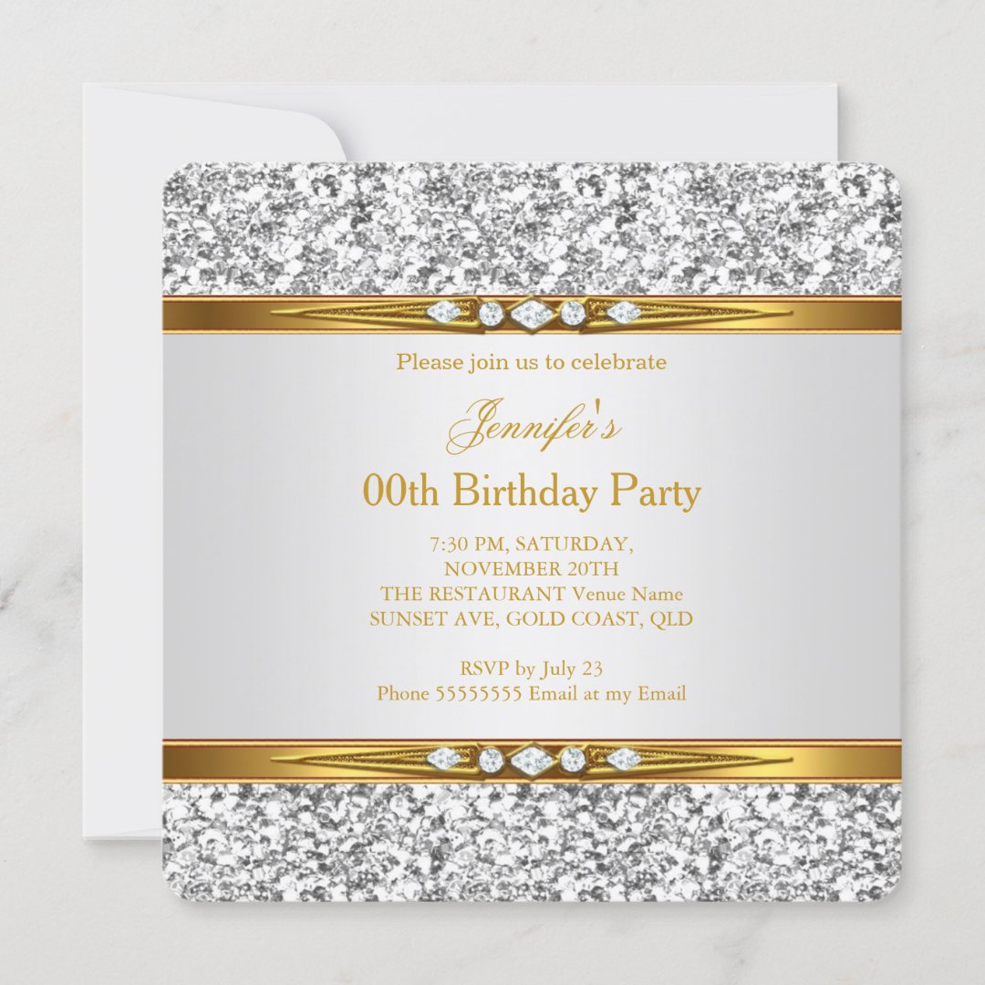 Elegant Gold White Glitter Silver Diamond Birthday Invitation | Zazzle