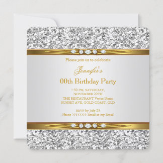 Elegant Gold White Glitter Silver Diamond Birthday Invitation