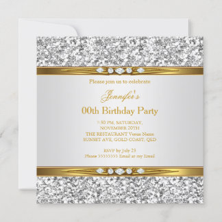 Elegant Gold White Glitter Silver Diamond Birthday Invitation