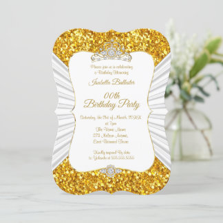 Elegant Gold White glitter tiara birthday Party Invitation