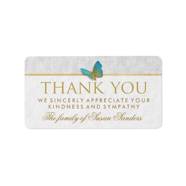 Elegant Gold, White & Gray Butterfly Thank You Label (Front)
