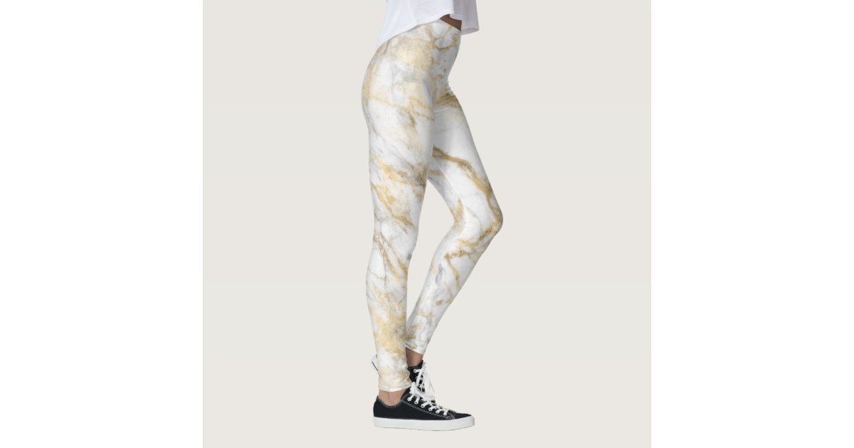 Womens White Marble w/ Black Gold Lines Leggings