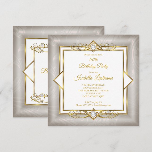 Elegant Gold White Gray Pearl Birthday Party Invitation (Front/Back)