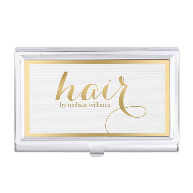 Elegant Gold & White Hair Text Design Business Card Case (Front)