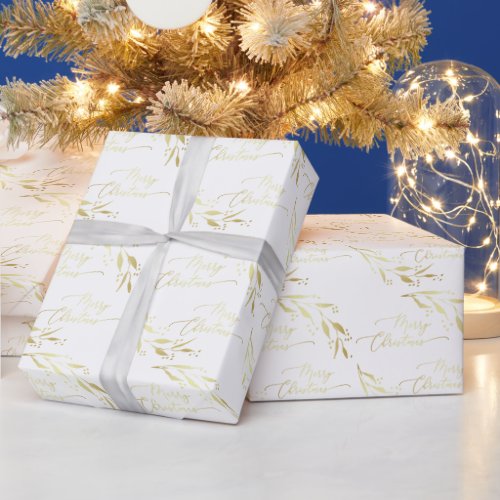 Elegant Gold White Hand Lettered Merry Christmas Wrapping Paper