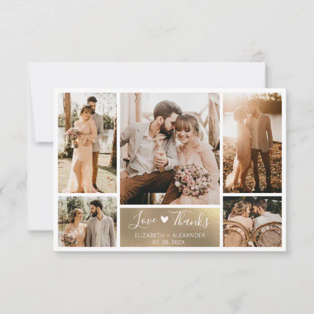Elegant Gold White Heart Photo Collage Wedding Thank You Card | Zazzle