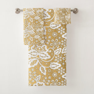 ELEGANT GOLD WHITE LACE BATHROOM TOWEL SET