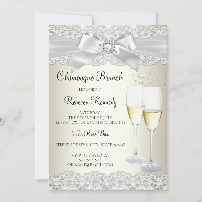 Elegant Gold White Lace Champagne Brunch Invite (Front)