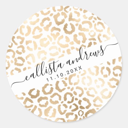 Elegant Gold White Leopard Cheetah Animal Print Classic Round Sticker