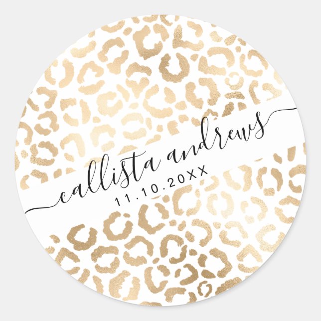 Elegant Gold White Leopard Cheetah Animal Print Classic Round Sticker (Front)