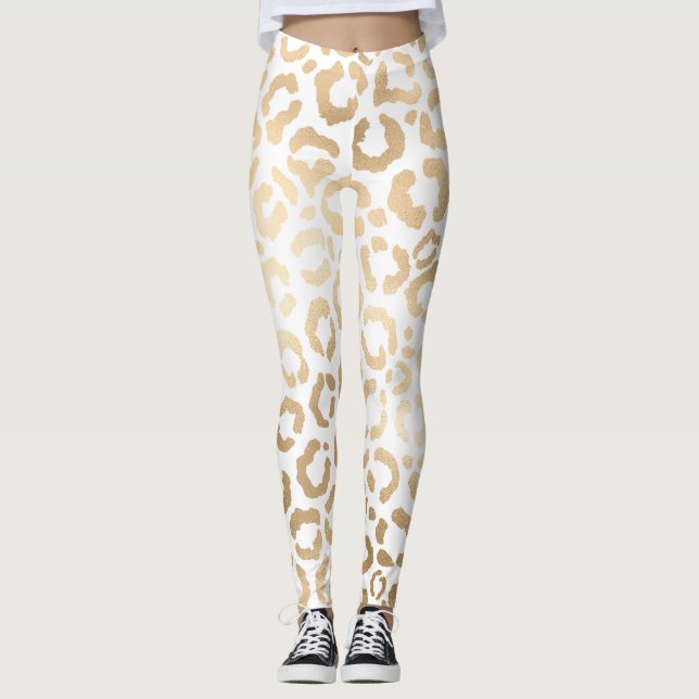 Elegant Gold White Leopard Cheetah Animal Print Leggings (Front)