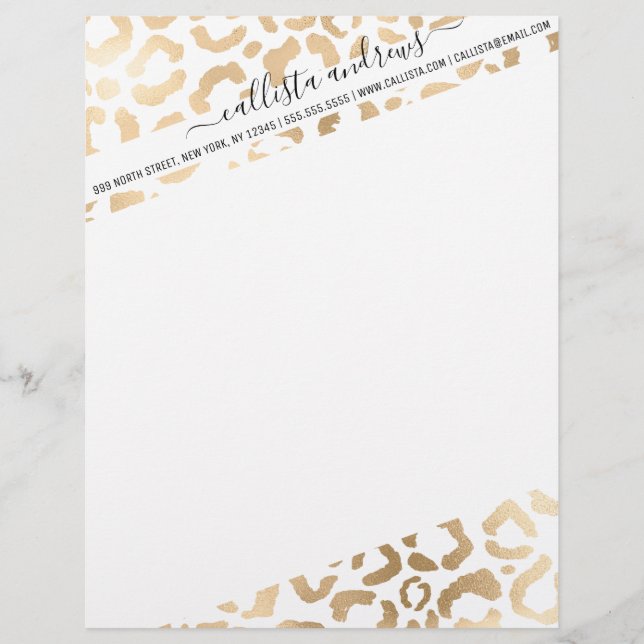Elegant Gold White Leopard Cheetah Animal Print Letterhead (Front)