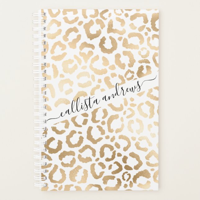 Elegant Gold White Leopard Cheetah Animal Print Planner (Front)