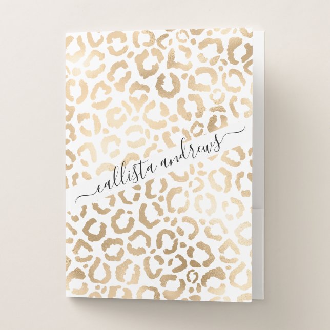 Elegant Gold White Leopard Cheetah Animal Print Pocket Folder (Front)